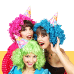 photo of three women wearing party hats and multicolored wigs from the Pro Legal Care LLC blog post about divorce party ideas