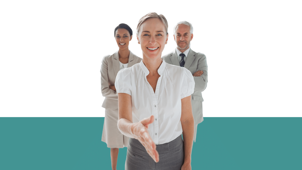 photo of woman extended her hand for a handshake towards camera with two businesspeople standing behind her from Pro Legal Care LLC's blog post about divorce settlement