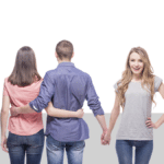 photo of a man and a woman facing away from the camera with their arms around each other, while the man holds hands with a woman facing the camera, from a blog post about an infidelity clause in a prenuptial agreement