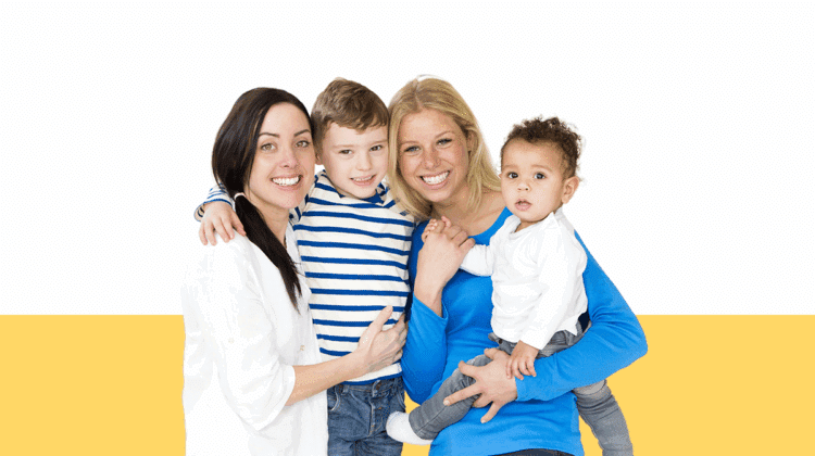 photo of a mom, stepmom, and two kids from a blog post about Healthy Co-Parenting Boundaries While in a New Relationship